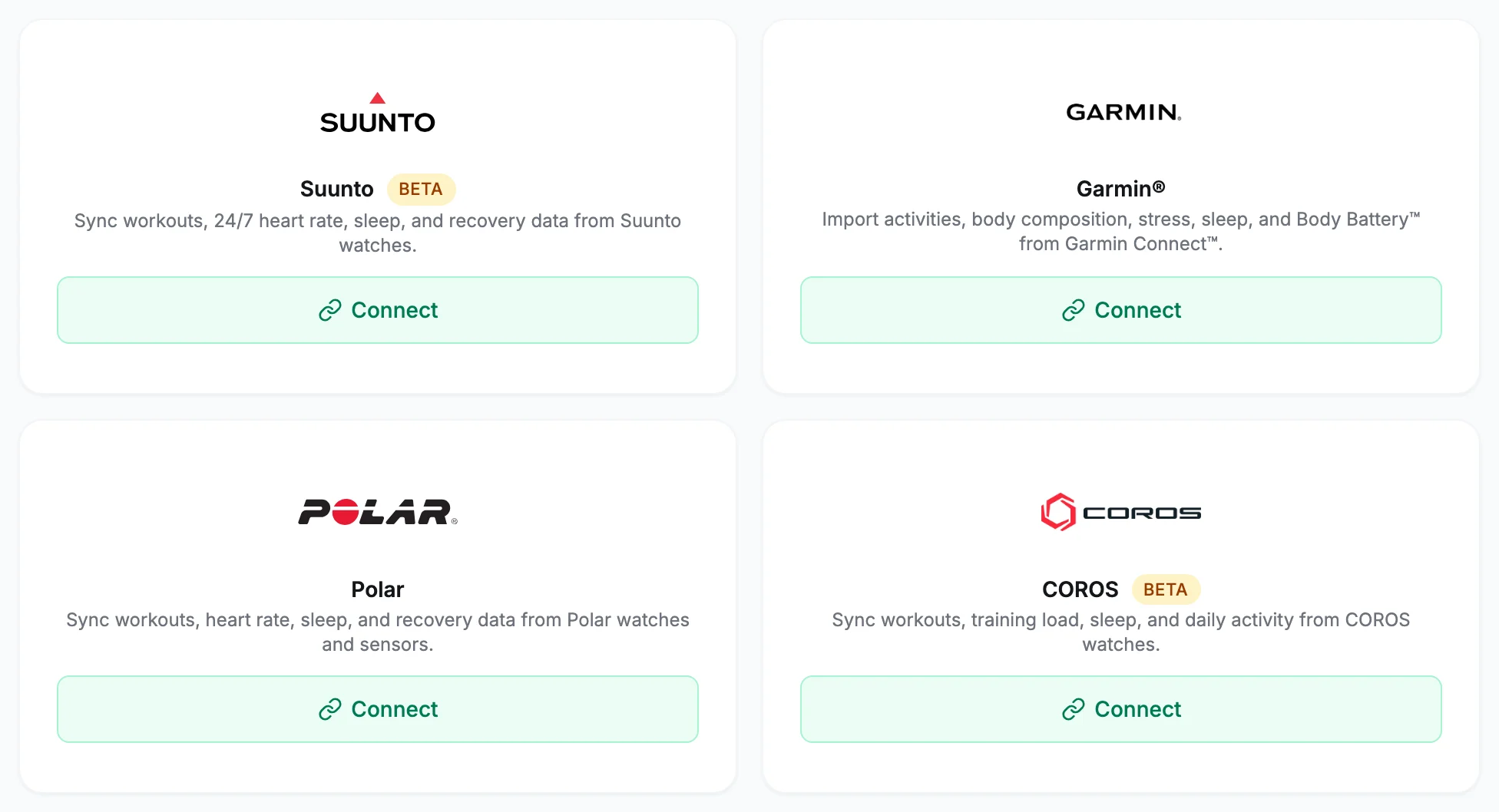 VegaLoop integrations screen with Suunto, Garmin, Polar and COROS, each with a Connect button