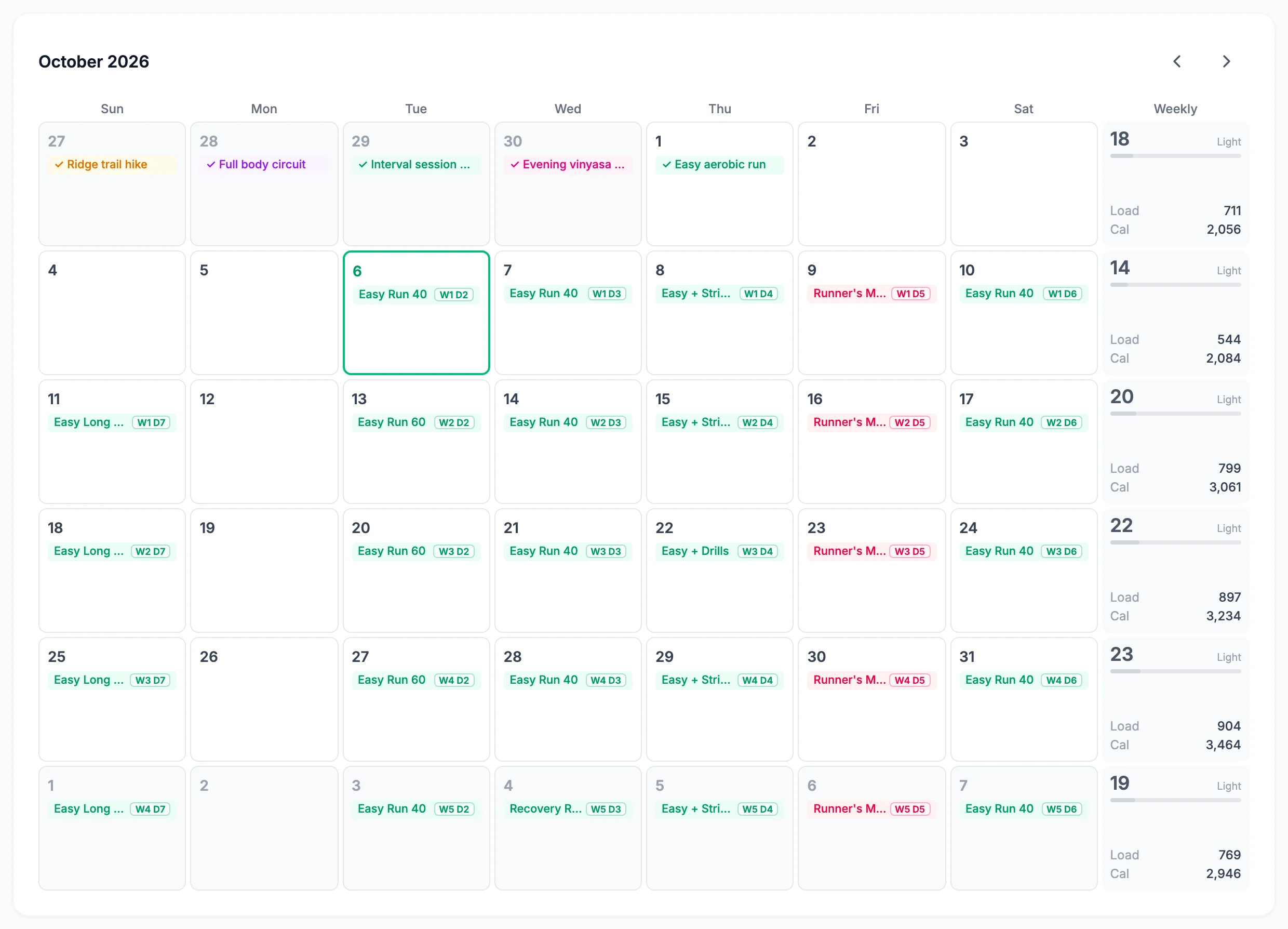 VegaLoop training calendar for October with scheduled runs and weekly load and calorie totals