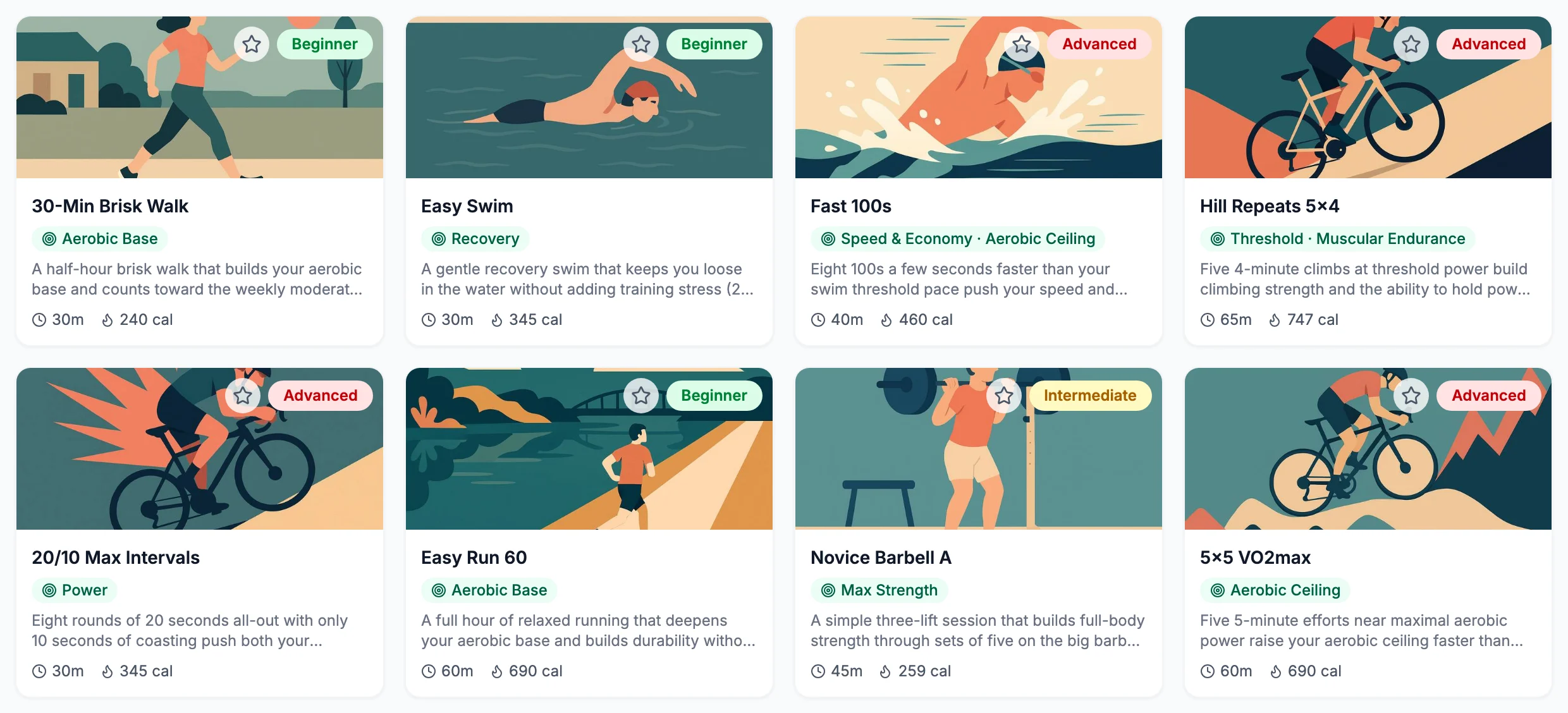 VegaLoop workout library with guided walking, swimming, cycling, running and strength workouts
